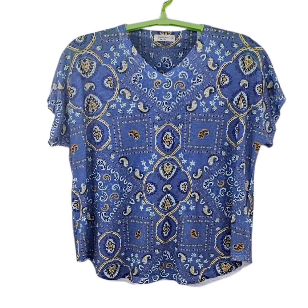 Jess & Jane Blue Paisley Bandana Print Burnout V-Neck Top Size 1X Made in USA